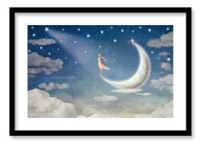 Girl on moon  admires  the night sky  - illustration art