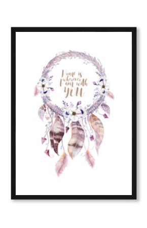Isolated Watercolor decoration bohemian dreamcatcher. Boho feath