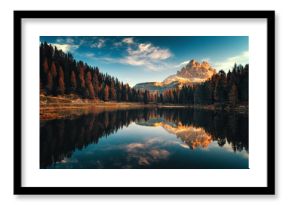 Aerial view of Lago Antorno, Dolomites, Lake mountain landscape with Alps peak , Misurina, Cortina d'Ampezzo, Italy