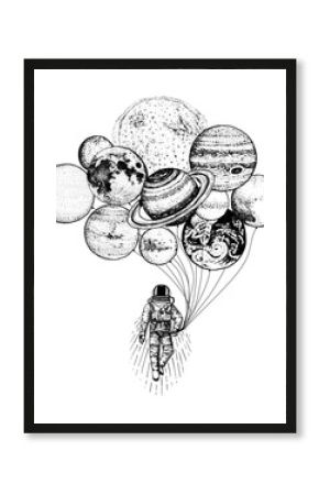astronaut spaceman. planets in solar system. astronomical galaxy space. cosmonaut explore adventure. engraved hand drawn in old sketch. moon and the sun and earth, mars and venus, balloons.