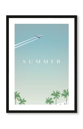 Summer traveling vector poster template with airplane flying over palm trees.