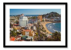 Aerial shot of a tourist attraction in Mazatlan with modern coastal buildings, Mexico