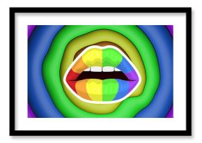 Image of rainbow lips over rainbow circles and colours moving on seamless loop