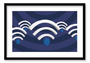 Hypnotic digital image of floating Wifi icons on pulsating blue stripes.