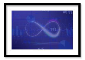 Image of infinity symbol over multiple graphs and changing numbers on abstract background