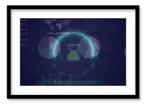 Image of hourglass in circle over multicolored infographic interface on abstract background
