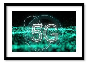 Image of 5g text over abstract waving mesh with green spots