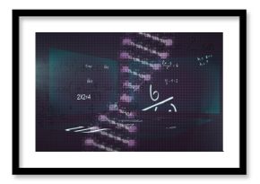 Image of dna helix, lens flare and mathematical equations against abstract background