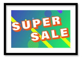 Image of super sale text banner over abstract shapes against blue and green gradient background