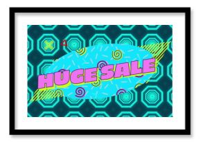 Image of huge sale text in pink letters over abstract shape and green pattern