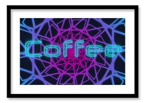 Image of neon blue coffee text banner over purple abstract shapes in seamless pattern