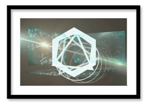 Image of abstract geometrical shape spinning over screens with mathematical equations