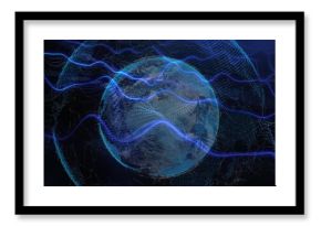 Image of dynamic wave pattern and dots around globe over abstract background