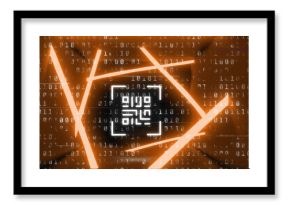 Image of glitch technique over qr code in abstract pattern against binary codes