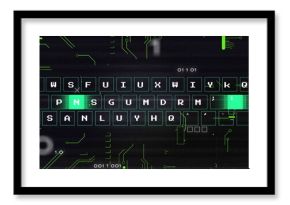 Image of abstract pattern moving on keyboard, glitch technique, binary codes and circuit board