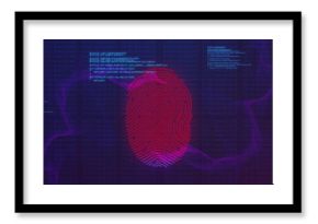 Image of illuminated fingerprint over abstract patterns and computer language on blue background