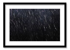 Falling raindrops footage animation in slow motion on dark black background with fog, lightened from top, rain animation with start and end, perfect for film, digital composition, projection mapping