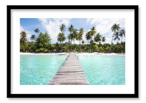 paradise beach with turquoise water, wooden pier and tropical palm trees, summer holidays in Thailand, Koh Kood