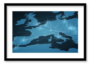 Wizualizacja dużych danych w niebieskiej mapie Europy. Infografika futurystyczna mapa. Estetyka informacji. Złożoność danych wizualnych. Skomplikowana wizualizacja danych europejskich. Streszczenie danych na wykresie mapy.
