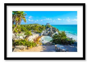 Mayan ruins of Tulum at tropical coast. God of Winds Temple at paradise beach. Mayan ruins of Tulum, Quintana Roo, Mexico.