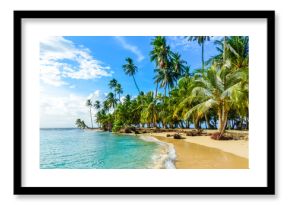 Piękna osamotniona plaża w karaibskiej San Blas wyspie, Kuna Yala, Panama. Turkusowe morze tropikalne, rajskie miejsce podróży, Ameryka Środkowa