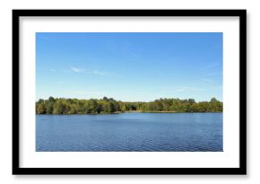 Trees on the shore of a blue lake in late summer