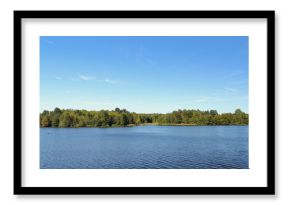 Trees on the shore of a blue lake in late summer