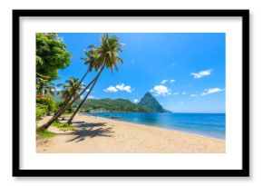 Paradise beach at Soufriere Bay with view to Piton at small town Soufriere in Saint Lucia, Tropical Caribbean Island.