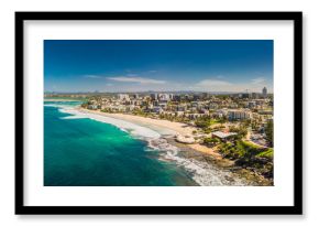 Aerial panoramic image of ocean waves on a Kings beach, Caloundra, Queensland