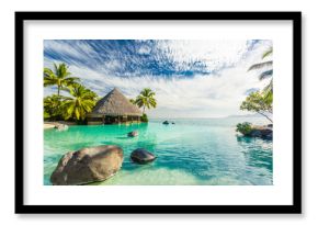 Infinity pool with palm tree rocks, Tahiti, French Polynesia