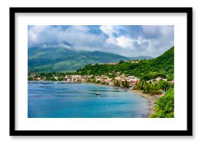 Paradise coast at Saint Pierre with Mt. Pelee, active volcanic mountain in Martinique, Caribbean Sea