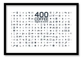 Kawa wyszczególnia i wytłacza wzory 400 odosobnionych ikon ustawiających na białym tle. Logo i znak dla kawiarni i domu