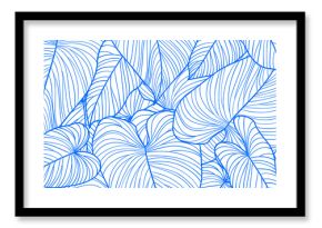 Foliage seamless pattern, Philodendron gloriosum leaves line art ink drawing in blue and white
