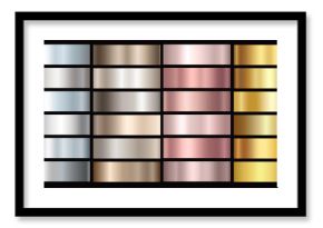Gold rose, silver, bronze and golden foil texture gradation background set. Vector shiny and metalic gradient collection for border, frame, ribbon, label design.