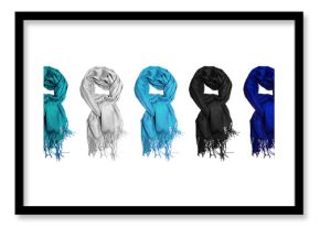 Cashmere scarves in winter cold colors isolated on white background. Warm scarf