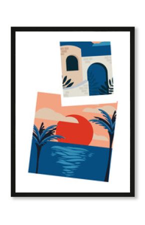 Polaroid-style illustration is showing facade with sunset sea and palms on transparent, copy space