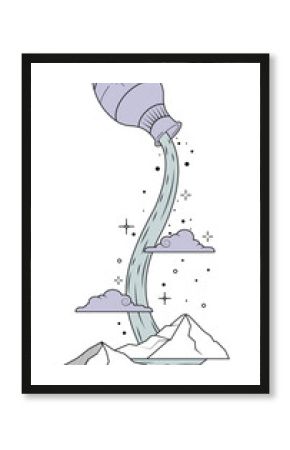Flat design jug sprinkling teal water through sparkles, clouds over mountain lake transparent bg