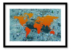Orange world map overlay covering shell beach, with bird carcasses, red gridlines, numeric labels