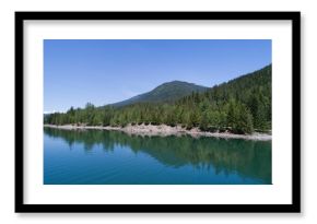 Forest on mountain by river against blue sky