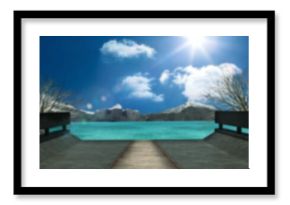 Computer graphic image of boat dock by lake