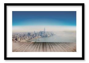 Flat design skyline is rising from wooden deck planks over river with central tower and piers