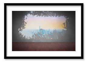 Splash on wall revealing coastline city