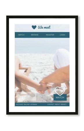Couple is holding hands on white sand in flat design, showing wooden chairs and match UI