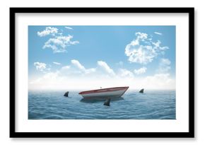Sharks circling small boat in the ocean