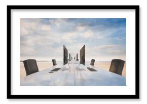 Flat design workspace is unfolding on beach with white table, monitors, keyboards, mice, chairs