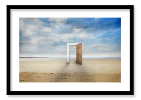 Flat design is showing wooden door in white frame on sandy beach meeting calm sea horizon
