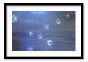 Floating digital interface elements over shoreline, showing rotating globe, gear and waveform icons