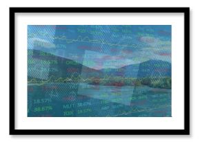 Displaying translucent overlay over mountain lake, showing stock tickers values and yellow charts