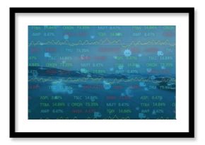 Reflecting snow-capped mountains in dark lake at lakeside, overlaying financial data