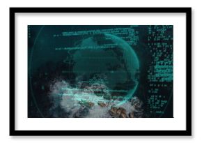 Hovering wireframe globe floating over rocky coastline, with code streams and grid overlays
